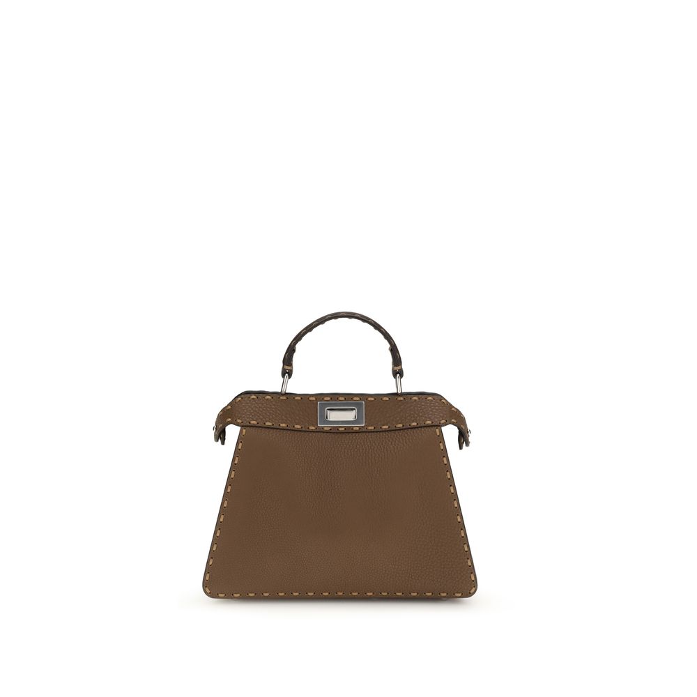Fendi Peekaboo Iseeu  Selleria Macro - Brown handbag with a silver clasp on a white background